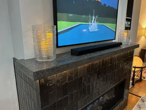 gas fireplace and bookshelf